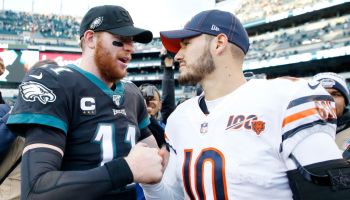 Carson Wentz and Mitchell Trubisky shake hands after a game.