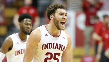 Race Thompson yells in excitement following Indiana's win over Iowa