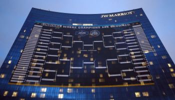 A shot of the JW Marriott hotel with the giant NCAA Tournament bracket plastered across the middle of the building