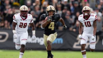 Purdue WR-Rondale Moore runs towards the end zone.