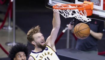 Pacers big man Domantas Sabonis dunks the ball in a win over the Rockets.
