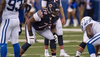 Charles Leno Jr sets up in his stance on the Bears offensive line against the Indianapolis Colts