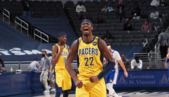 Pacers Caris LeVert reacts after a late-game shot against the 76ers.