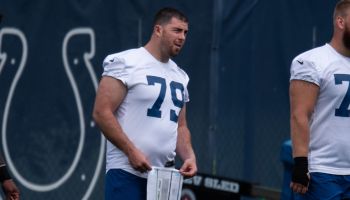 Colts LT-Eric Fisher gets ready for practice.