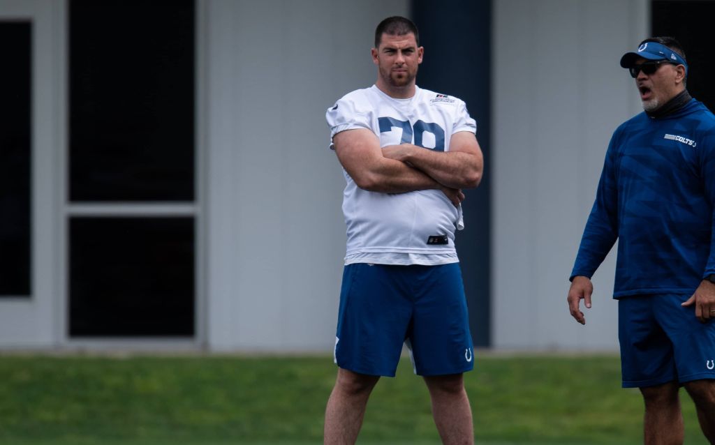 Indianapolis Colts tackle Eric Fisher (79) watches the Indianapolis Colts offseason practice on May 27, 2021 at the Indiana Farm Bureau Football Center in Indianapolis, IN. (Photo by Zach Bolinger/Icon Sportswire via Getty Images)