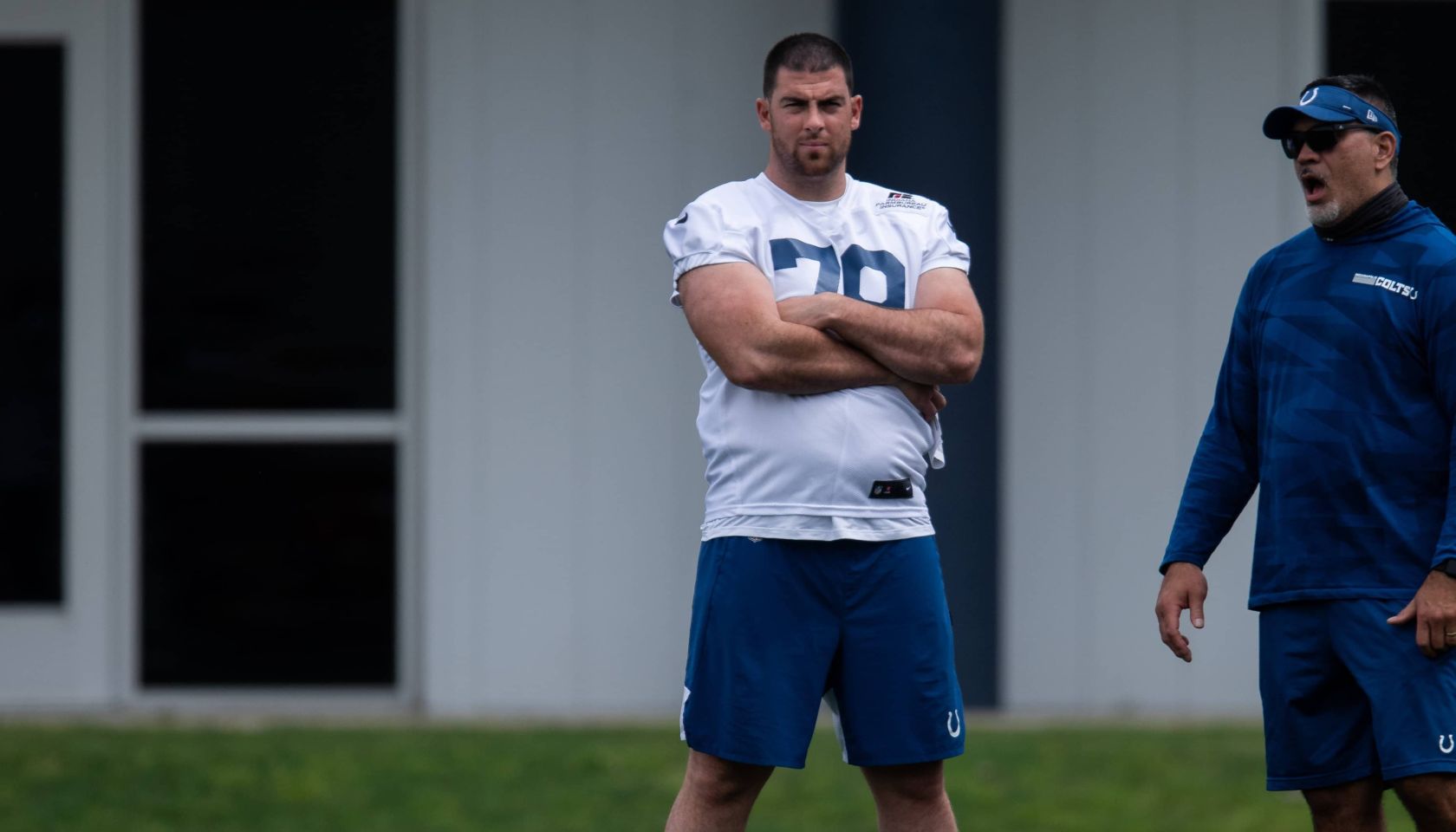 Indianapolis Colts tackle Eric Fisher (79) watches the Indianapolis Colts offseason practice on May 27, 2021 at the Indiana Farm Bureau Football Center in Indianapolis, IN. (Photo by Zach Bolinger/Icon Sportswire via Getty Images)