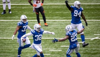 Colts players celebrate a big play.
