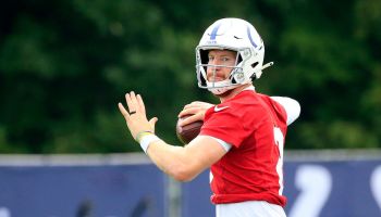 Carson Wentz looks onward preparing to throw at Indianapolis Colts training camp