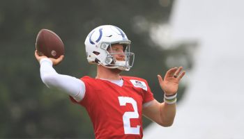WESTFIELD, INDIANA - JULY 29: Carson Wentz #2 of the Indianapolis Colts throws a pass during the Indianapolis Colts Training Camp at Grand Park on July 29, 2021 in Westfield, Indiana. (Photo by Justin Casterline/Getty Images)