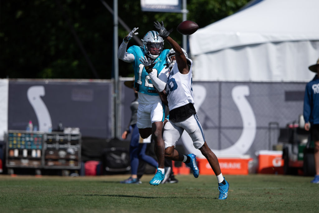 Rock Ya-Sin jumps up to defend a Panthers receiver in Joint practice between Indy and Carolina at Grand Park