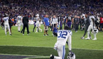 Colts S-Julian Blackmon looks on from the end zone.