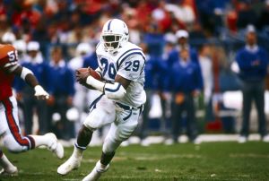 Hall of Fame running back Eric Dickerson cuts upfield as an Indianapolis Colt in a 14-3 loss to the Denver Broncos on 10/15/1989 in Denver's Mile High Stadium.