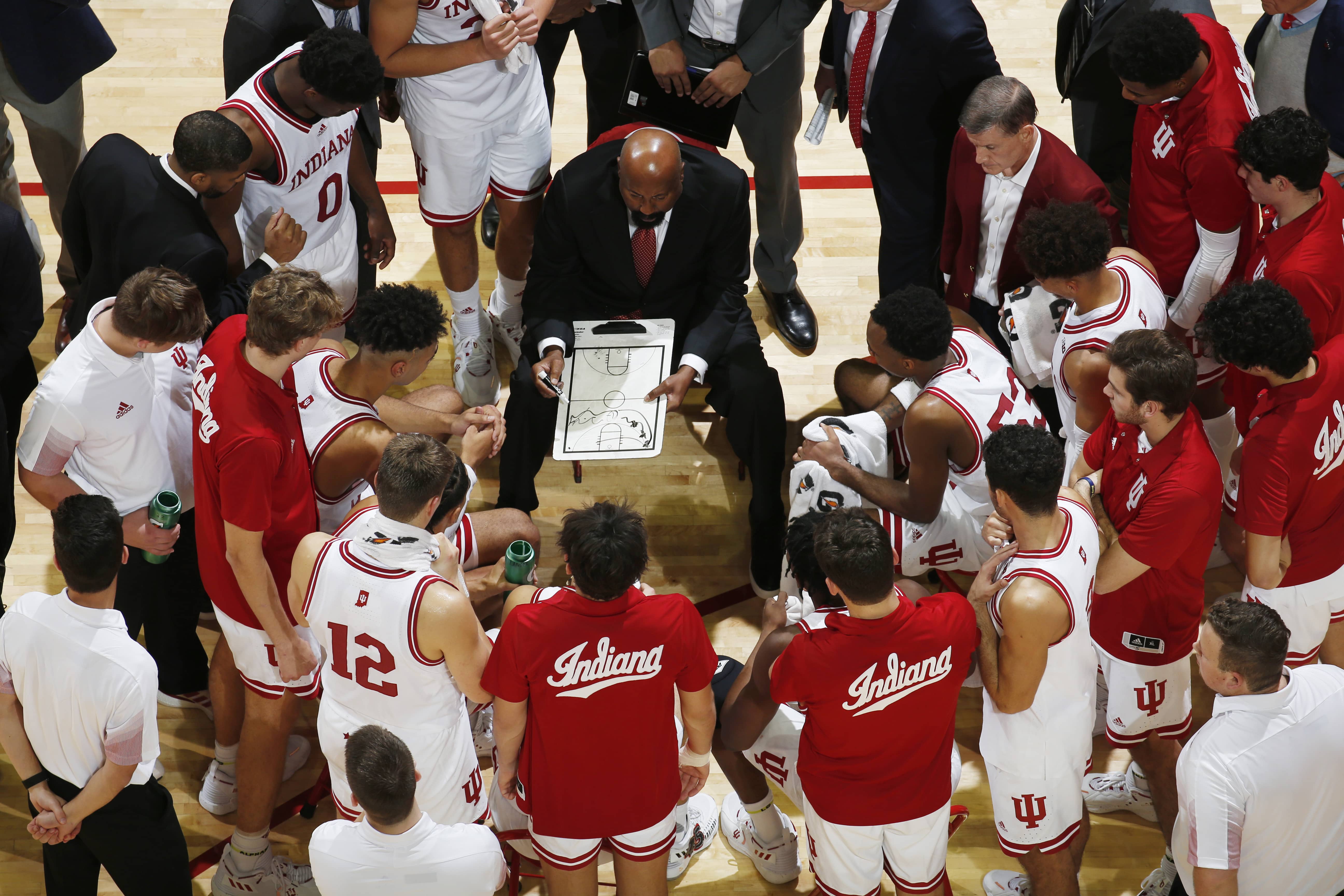 timeout huddle of indiana basketball from overhead