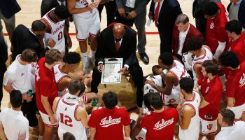 timeout huddle of indiana basketball from overhead