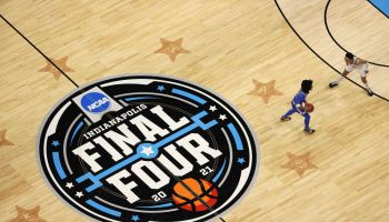 An overhead look of the Final Four floor at Lucas Oil Stadium as UCLA takes on Gonzaga