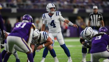 Colts QB-Sam Ehlinger gets ready for a snap against the Vikings.
