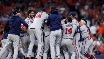 The Atlanta Braves celebrate their World Series in Houston with a dogpile on the mound