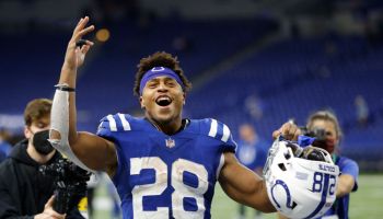 Colts RB-Jonathan Taylor celebrates after a big play.