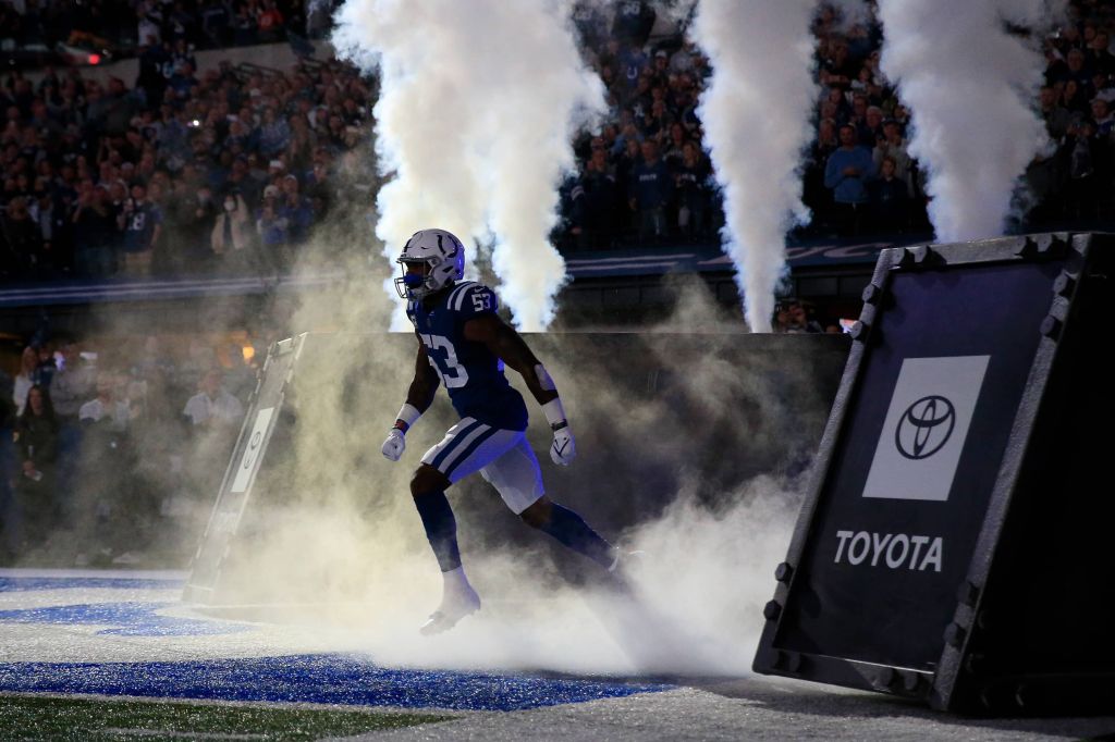 Darius Leonard running out of the tunnel before colts vs jaguars