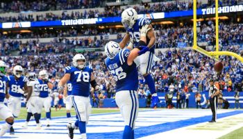 Colts Quenton Nelson and Jonathan Taylor celebrate a touchdown.