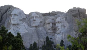 A wide shot of Mount Rushmore