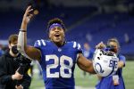 Colts RB-Jonathan Taylor reacts to the crowd after a 2021 game.