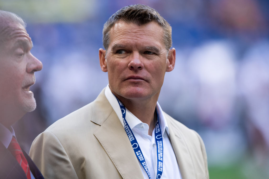 Chris Ballard talks to Jim Irsay before a game.