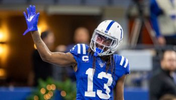 T.Y. Hilton waves to the sideline during a game.