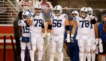 Colts offensive line gets ready to come into a game.