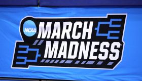 DAYTON, OHIO - MARCH 15: The March Madness logo is seen in a game between the Texas A&M-CC Islanders and the Texas Southern Tigers in the First Four game of the 2022 NCAA Men's Basketball Tournament at UD Arena on March 15, 2022 in Dayton, Ohio. (Photo by Andy Lyons/Getty Images)