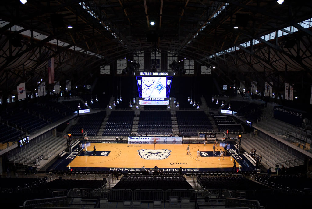A shot of Hinkle Fieldhouse from the rafters as the stadium is empty before a game