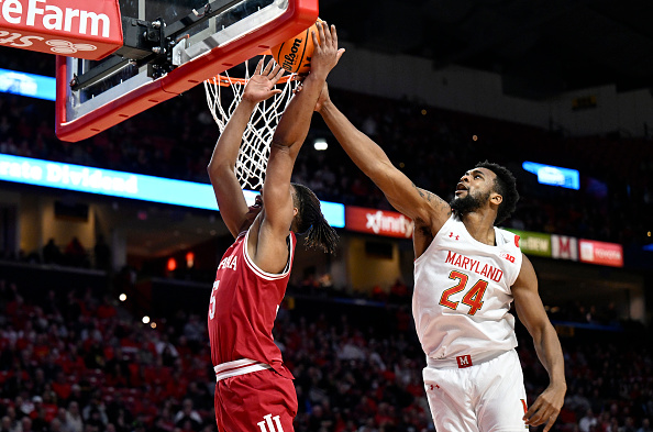A Maryland player blocking a shot
