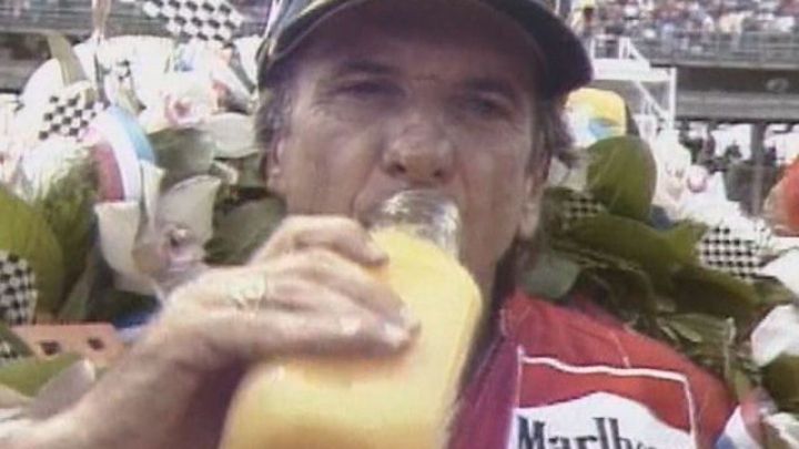 Emerson Fittipaldi drink Orange Juice after winning the 1993 Indy 500