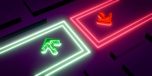 Up and down arrow symbol with green and red glowing neon lighting
