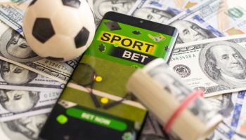 Sport betting online banner concept. app online bet on soccer. Mobile phone with soccer field on screen and realistik football ball in front. illustration