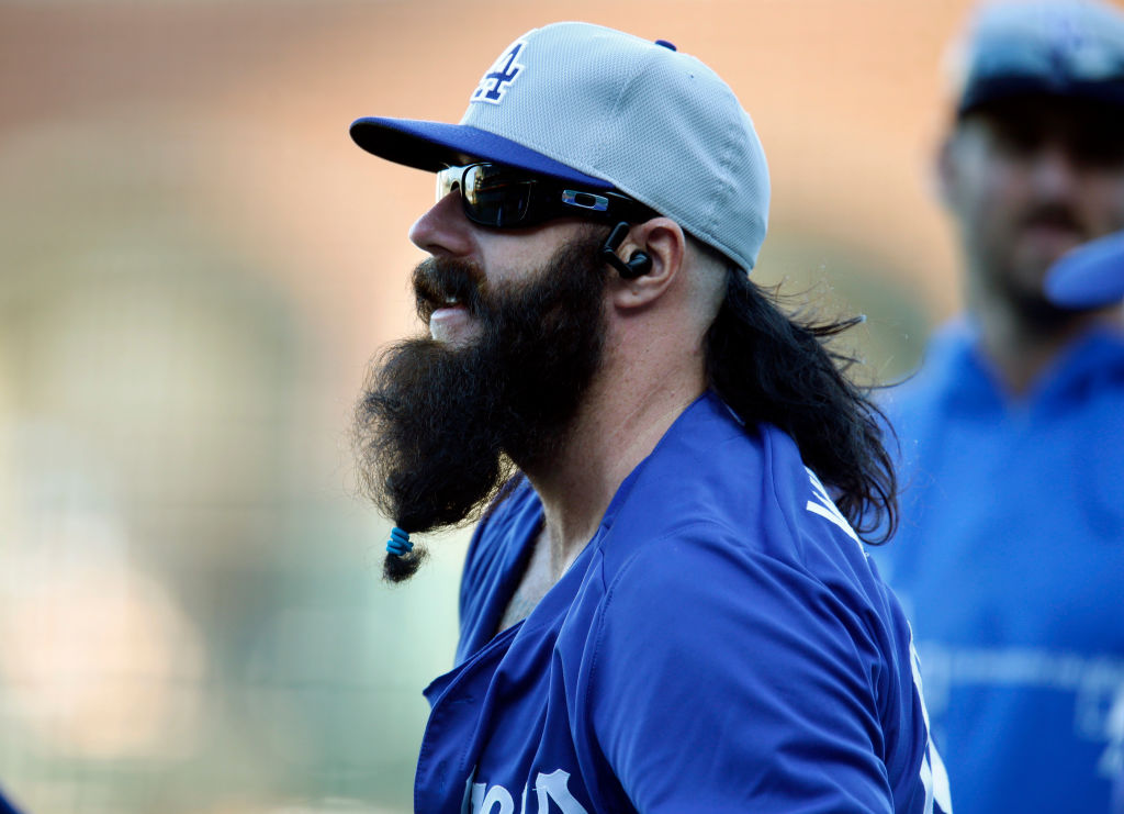 Los Angeles Dodgers' Brian Wilson (00) before their game against the San Francisco Giants at AT&T Park in San Francisco, Calif. on Tuesday, Sept. 24, 2013. (Nhat V. Meyer/Bay Area News Group)