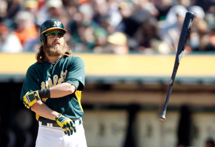A's Josh Reddick, (16) draws a walk in the eighth inning as the Oakland Athletics went on to beat the San Francisco Giants 4-3 at the O.co Coliseum in Oakland, Ca. on Saturday Mar. 30, 2013.