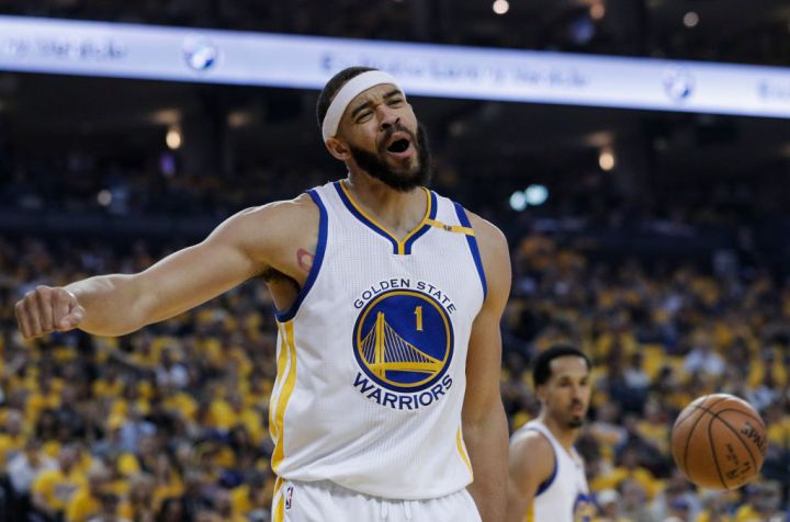 Golden State Warriors' JaVale McGee reacts after being called for a foul in the first quarter during Game 1 of the 2017 NBA Playoffs Western Conference Finals at Oracle Arena on Sunday, May 14, 2017 in Oakland, Calif