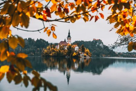Beautiful Autumn Scenery Of Lake Bled with the Bled island in Gorenjska, Slovenia
