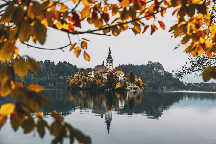 Beautiful Autumn Scenery Of Lake Bled with the Bled island in Gorenjska, Slovenia
