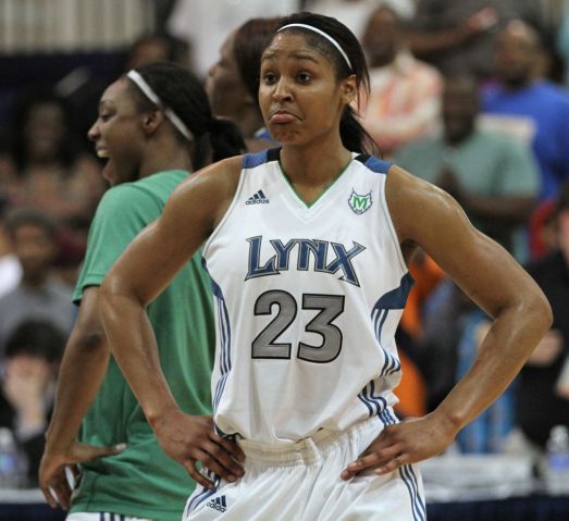 BRUCE BISPING ¬• bbisping@startribune.com St. Paul, MN., Tuesday, 5/24/11] (center) Minnesota's Maya Moore danced with her Lynx teammates at the end of the preseason game against Indiana at Concordia University.