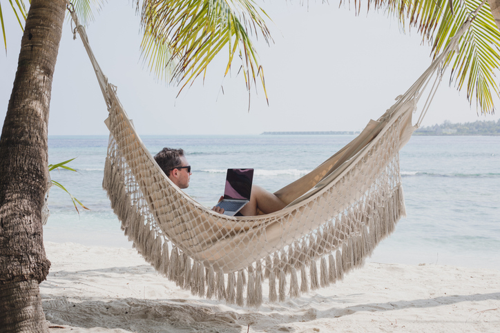 freelance job, teleworking or banking online, man with computer in hammock