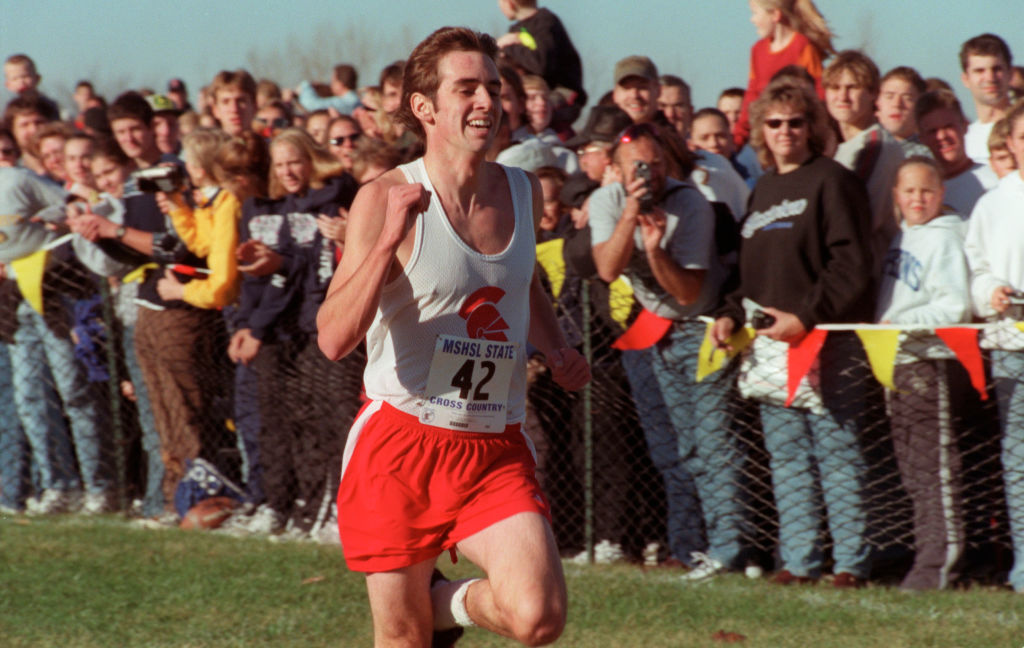 GENERAL INFORMATION: The Class AA State Cross Country meet at St. Olaf College in Northfield. IN THIS PHOTO: Northfield, Mn., Sat. Nov. 4, 2000--Nick Schneider of Benilde-St. Margaret wins the Boysí State AA cross country meet at St. Olaf College in