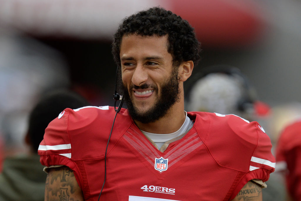 San Francisco 49ers quarterback Colin Kaepernick (7) reacts while on the sidelines while playing the Atlanta Falcons in the fourth quarter of their NFL game at Levi's Stadium in Santa Clara, Calif., on Sunday, Nov. 8, 2015. San Francisco defeated Atlanta