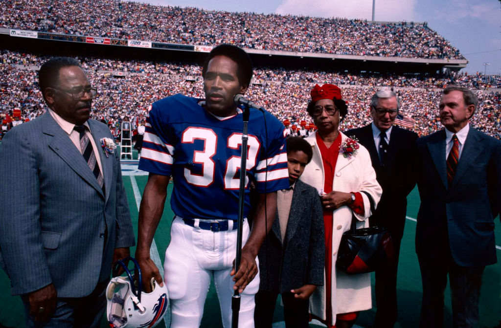 O.J. Simpson, professional football player with the Buffalo Bills, is inducted into the Wall of Fame in Rich Stadium on September 14, 1980.