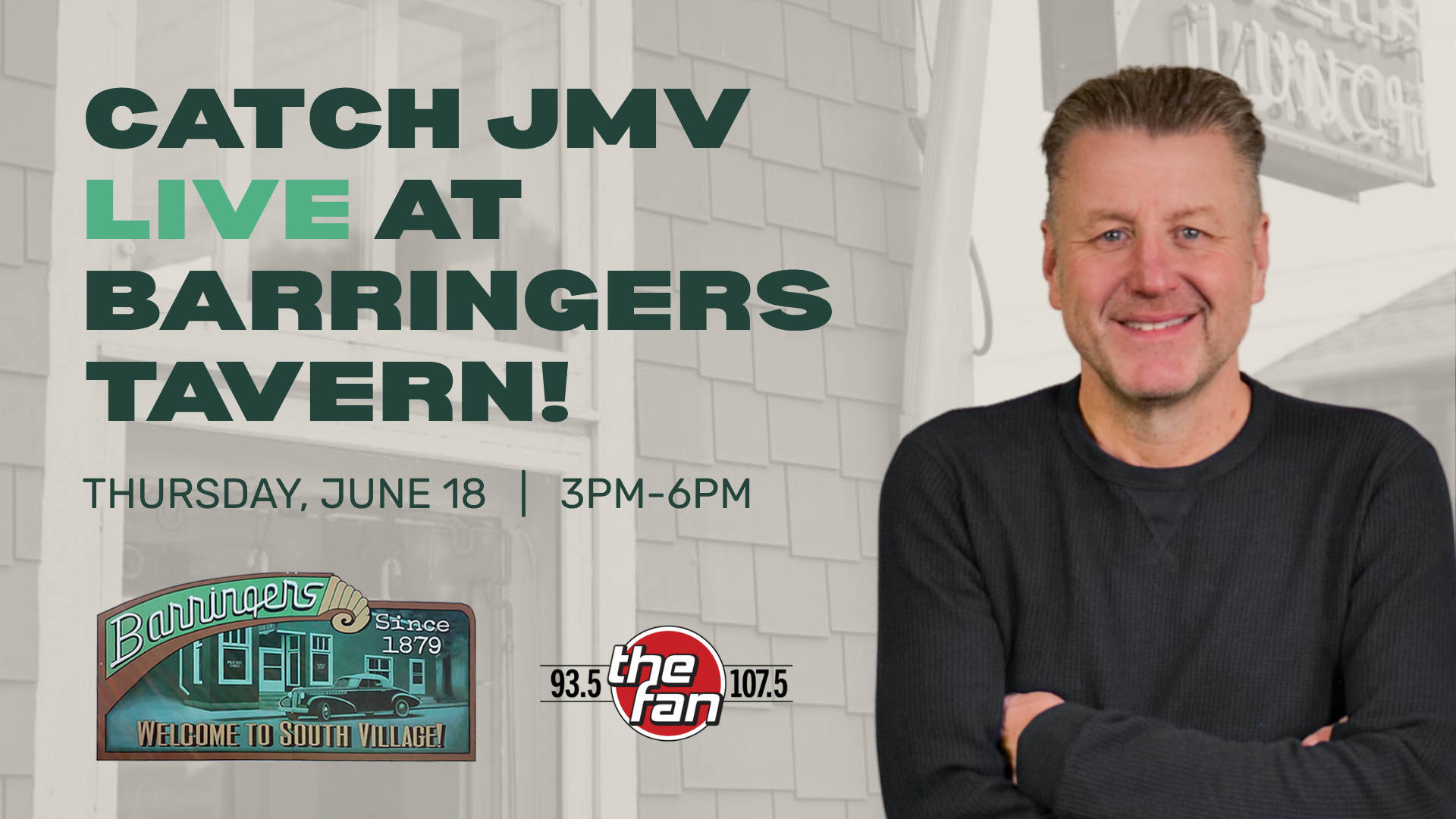 A man smiling in front of a sign for Barringer's Tavern, promoting a live event with JMV radio station.