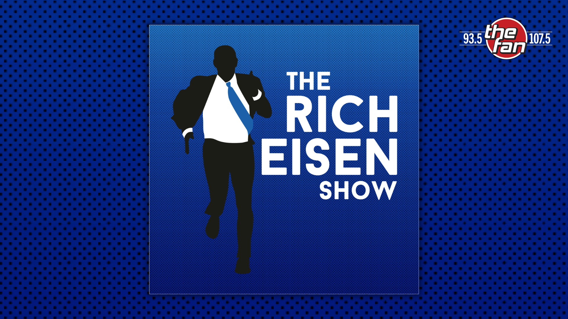 The Rich Eisen Show logo featuring a silhouetted man in a suit walking against a blue background with radio station call letters and frequencies.