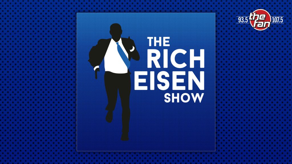 The Rich Eisen Show logo featuring a silhouetted man in a suit walking against a blue background with radio station call letters and frequencies.