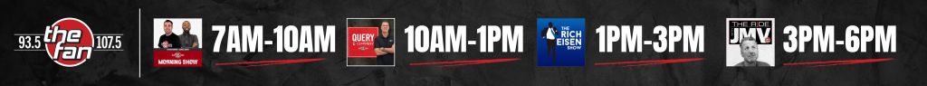 Radio station programming schedule with station logos, show titles, and time slots.
