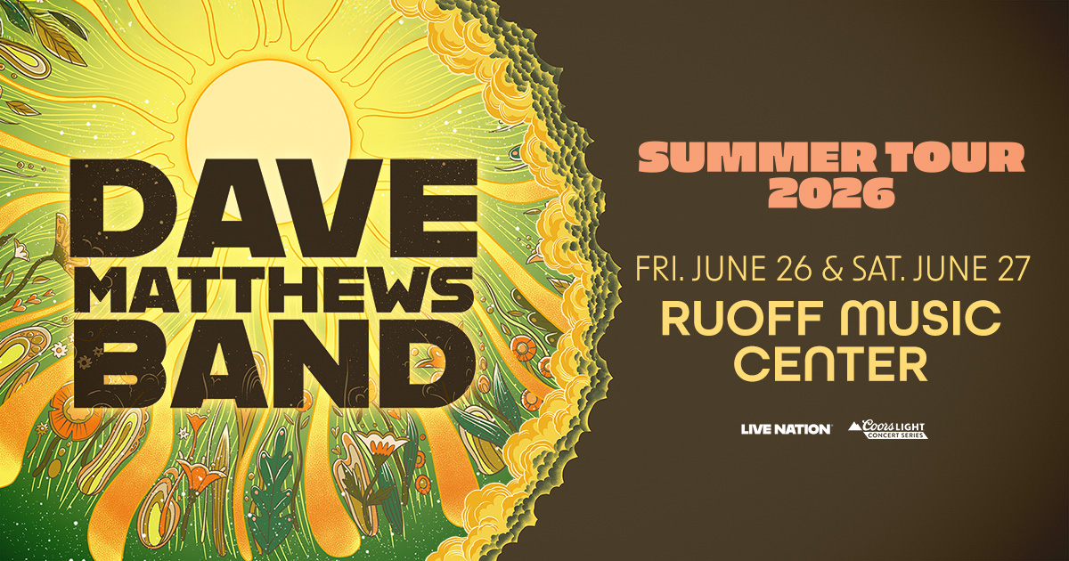 Colorful concert poster for the Dave Matthews Band's 2026 summer tour, featuring the band's name, tour dates, and the Ruoff Music Center venue.